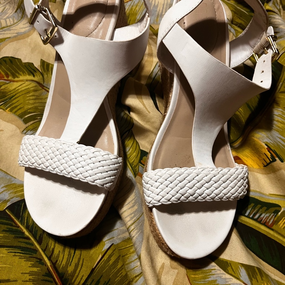Women's White Braided Strap Wedge Sandals